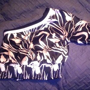 Black white floral print off one shoulder blouse
